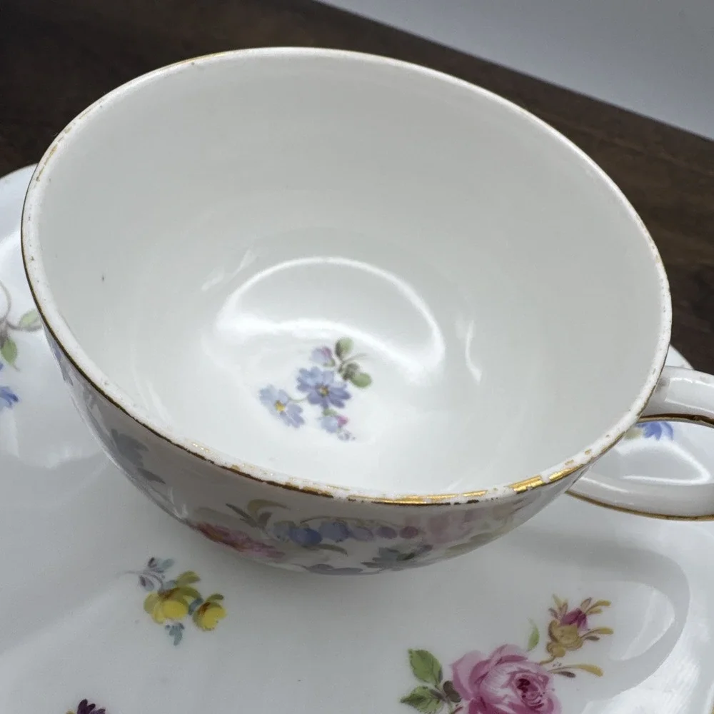 Meissen Flat Cup & Saucer Set Chinoiserie X Mark Crossed Swords Floral AS IS # 2